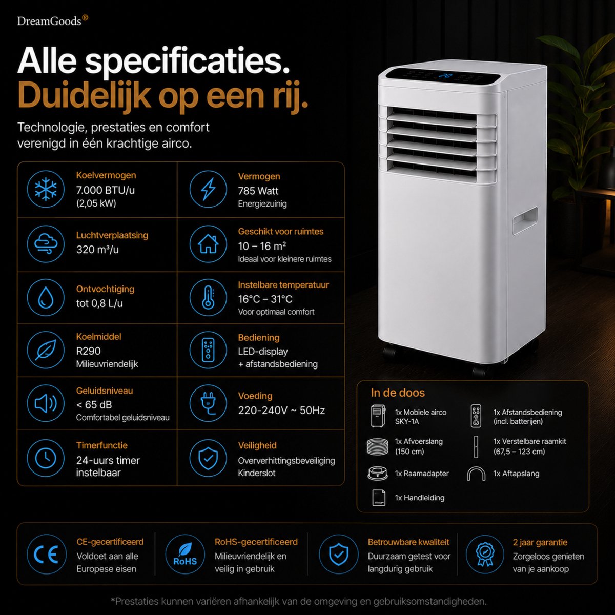 DreamGoods Mobiele Airco - 7000 BTU - 3-IN-1 Airconditioner met Afvoerslang - Verkoelen, Ventileren & Ontvochtigen - Complete Airco Set met Raamafdichtingskit — afbeelding 10