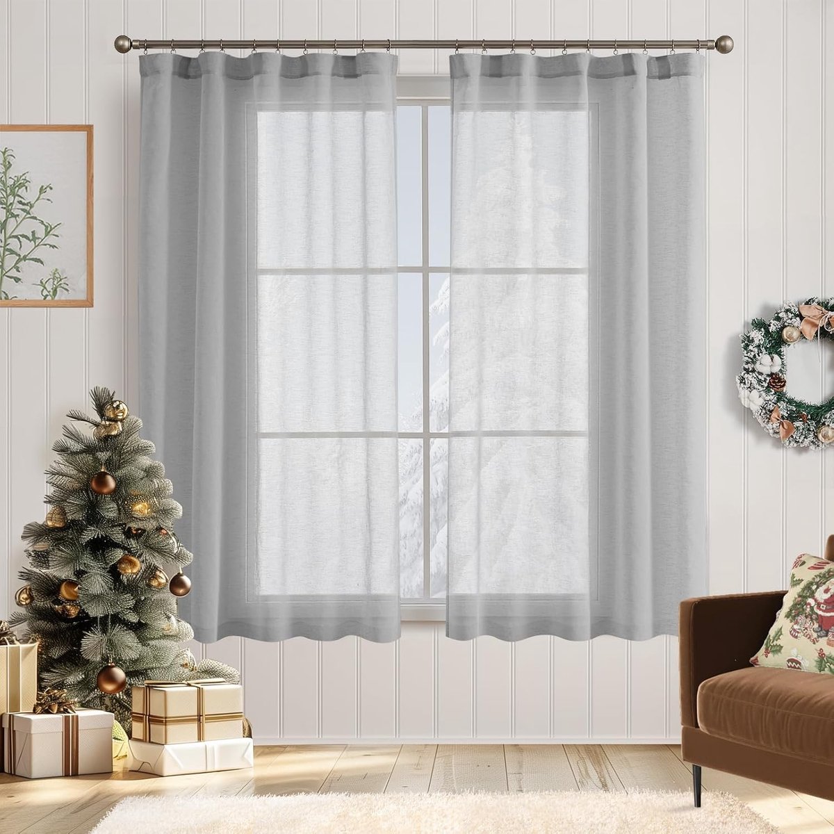 Grijs linnen gordijnen, set van 2, 175 x 140 cm (h x b), met verborgen lussen, gordijnen voor woonkamer, keuken, slaapkamer, raam, voile, transparant, doorzichtig, landelijke stijl, modern