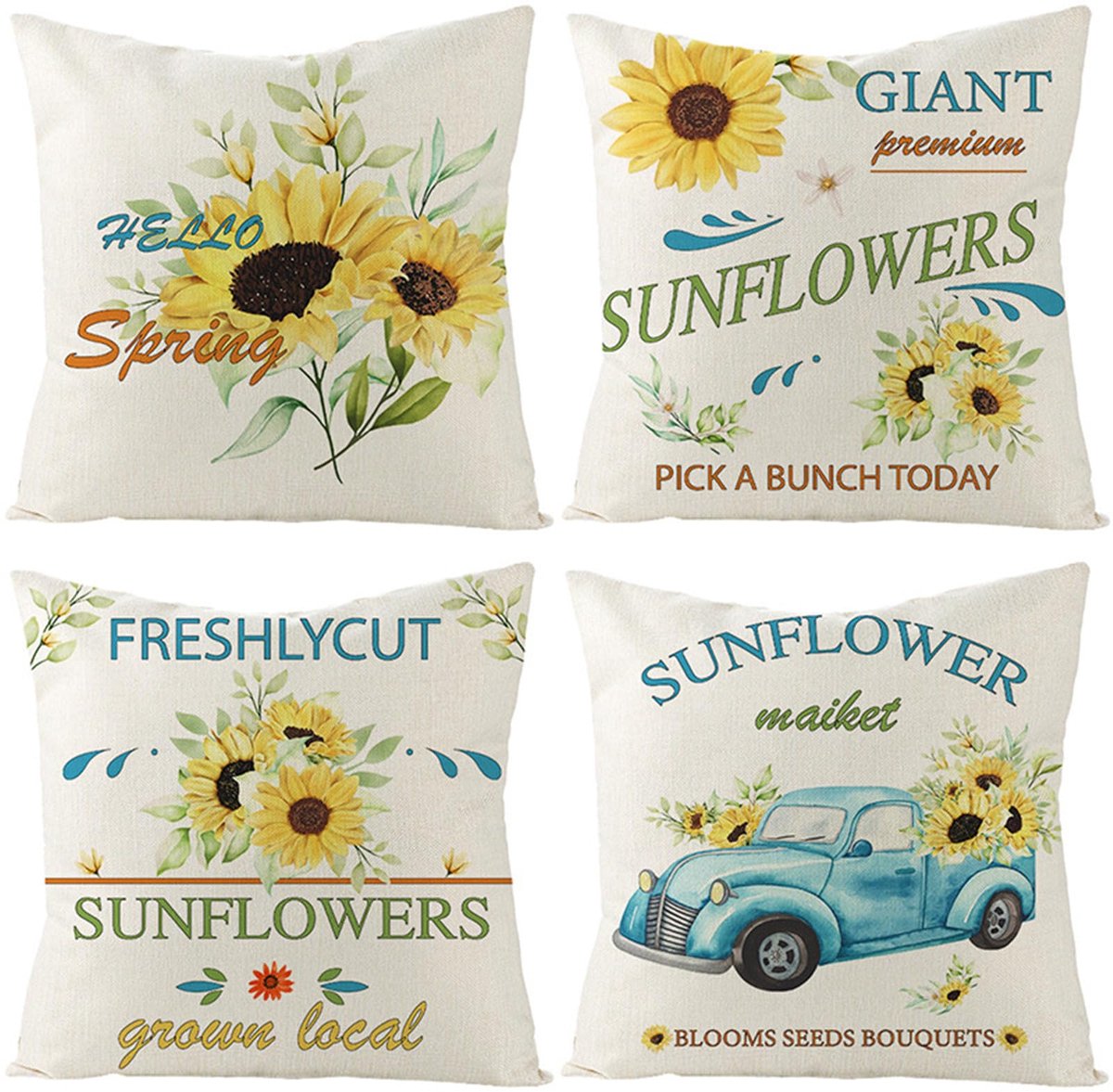 Set van 4 kussenslopen 65 x 65 cm lente decoratieve kussenslopen linnen vierkante kussenslopen met onzichtbare rits voor bank slaapkamer woonkamer tuin dubbelzijdige kussenslopen