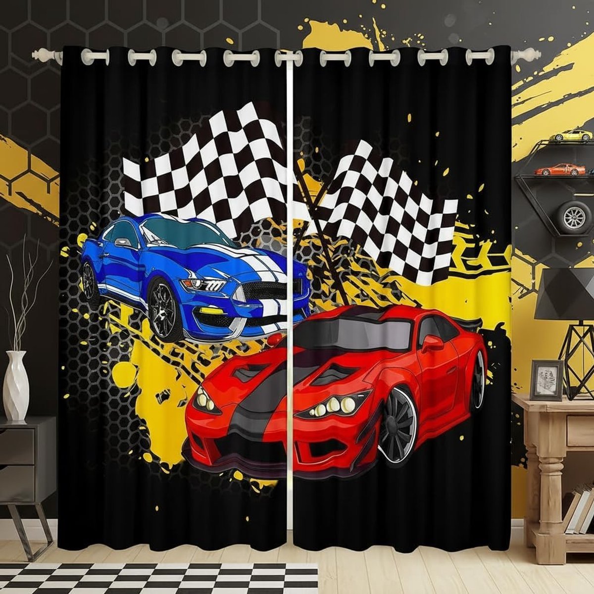 raamgordijnen, M Maat Speed Racewagen Schaduw Home Decor Tieners Honeycomb Hexagon Raamgordijnen 2 Panelen voor Jongens