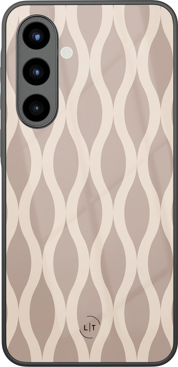 Hoesje geschikt voor Samsung Galaxy A56 - Abstract beige - Luxe Glazen Hardcase - Print / Illustratie - Bruin
