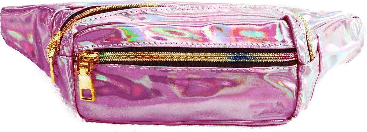 KIMU® Klein Holografisch Heuptasje Roze Rechthoek - Fanny Pack Met Twee Vakken - Zwarte Band - Tasje Heuptasje Festival