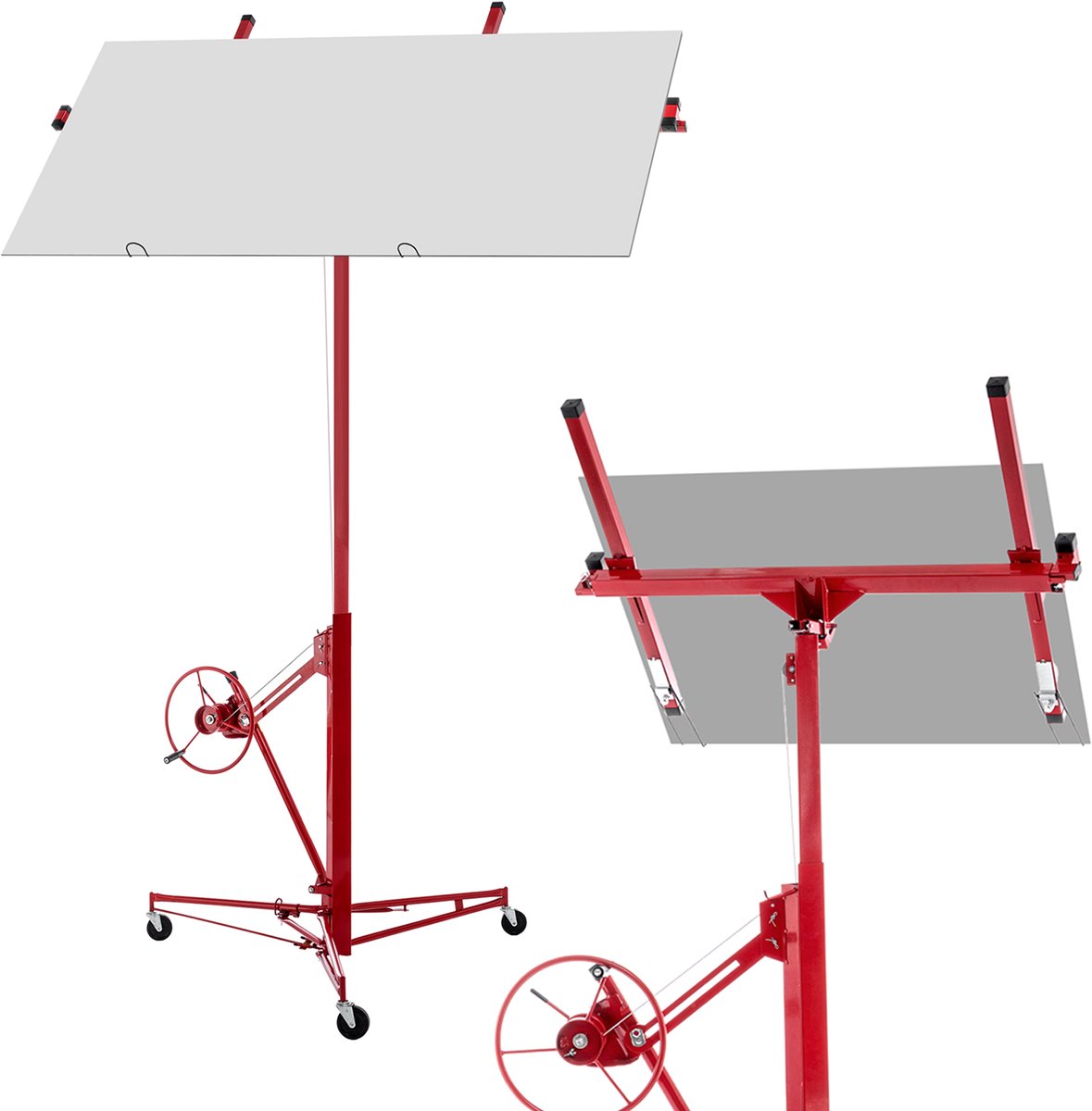 Gipskartonheffer voor gipskartonplaten en plafonds - Max. draagvermogen 68 kg - Werkhoogte 140-350 cm - 60 graden kantelbaar - Opvouwbaar - 3 remwielen voor eenvoudig transport