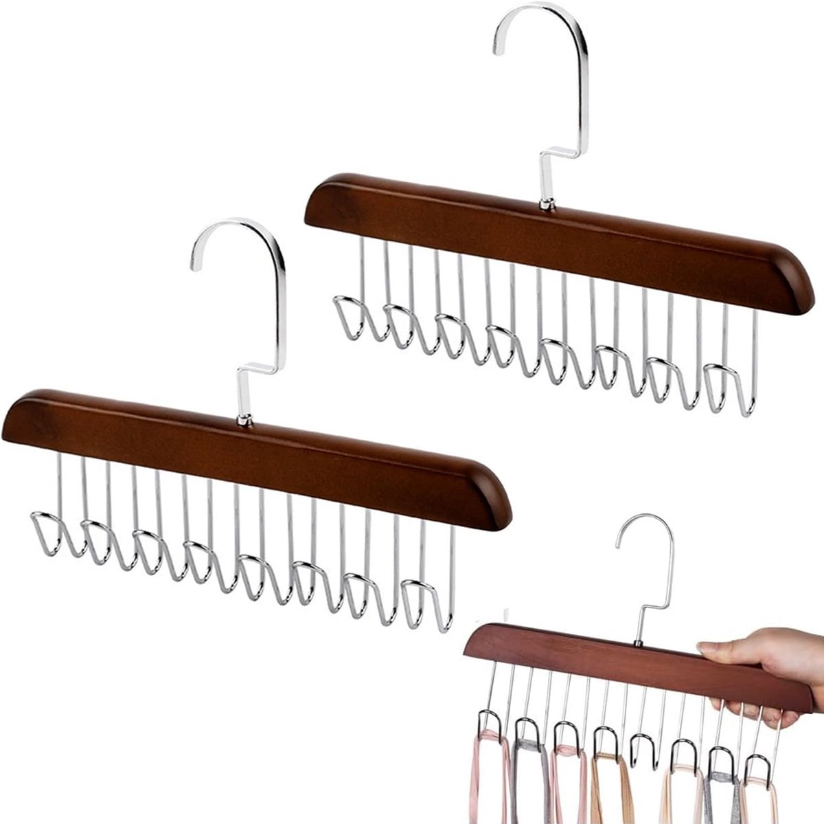 2 Stuks Garderobe Bh Hanger Anti Slip Multi Hook Kapstok Rack met 8 haakbanden Tie en Riem Hanger Tank Top Bra Hanger Stevige en Duurzame Houten Kaphangers Sleutelhouder Haak Riem Ophanghouder