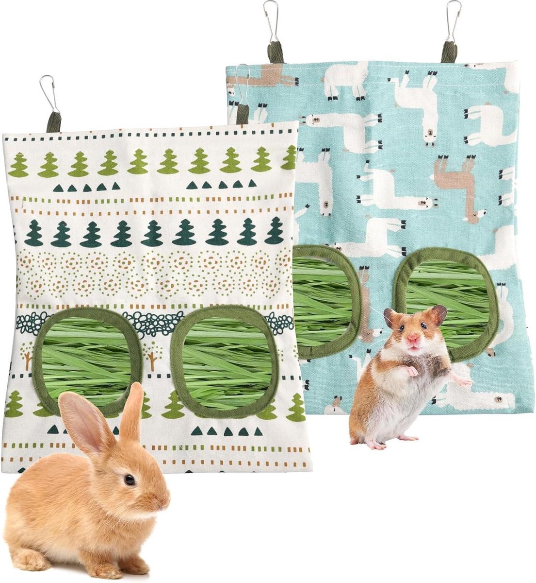Hooi Feeder Bag - Hooibak Konijn - Voer Konijn - Duurzaam Oxford Doek - 2 Koppen - Wit Groen