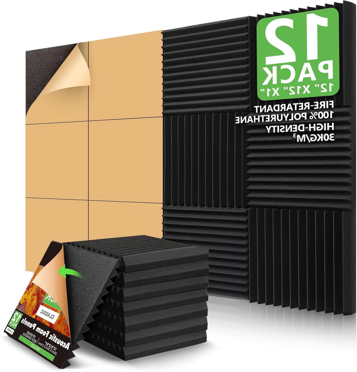 Akoestische Schuimpanelen - Geluiddempend Schuim - Geluidsverbetering Kamer - Zelfklevend Eenvoudig - 12x12 inch - Zwart