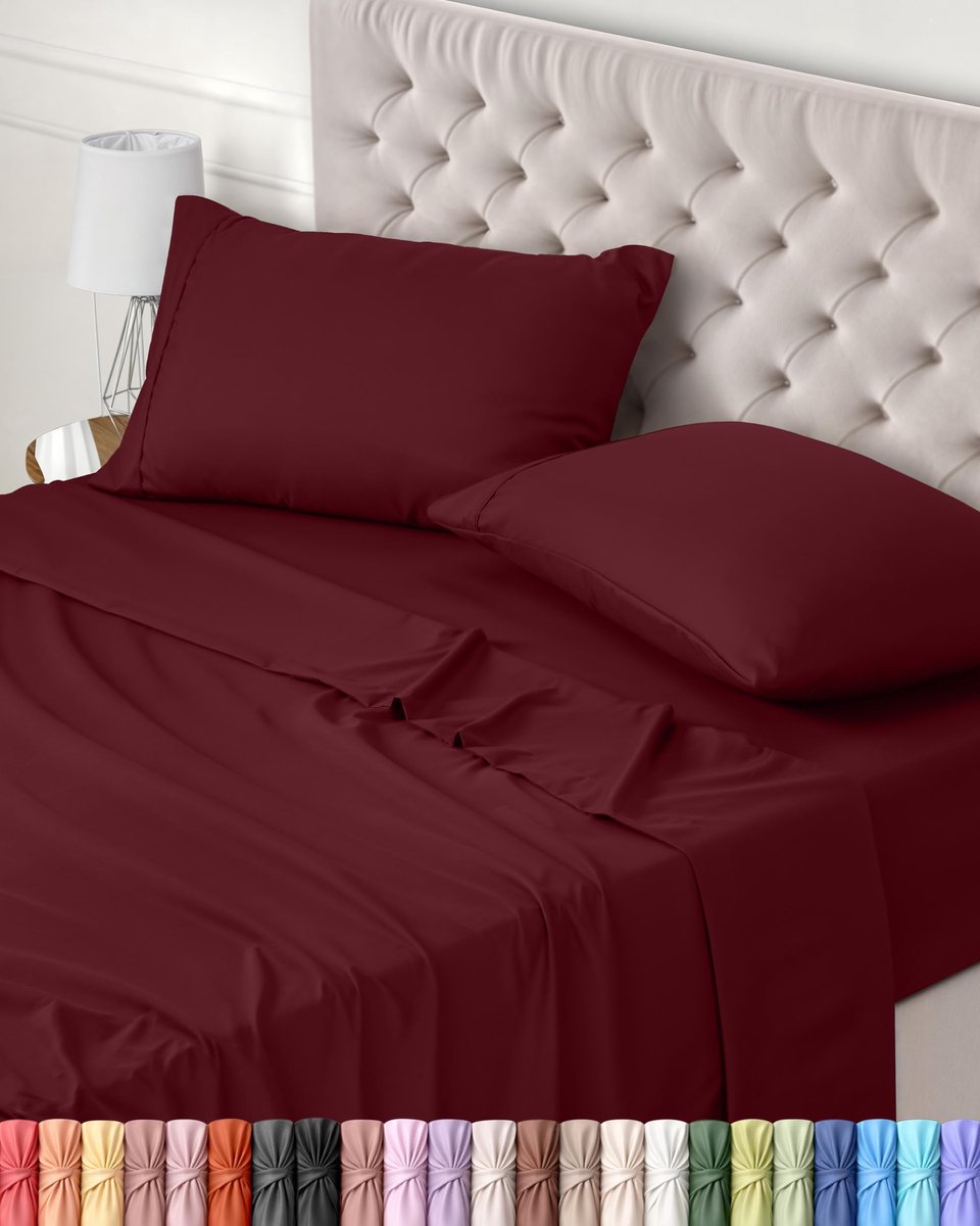 Bedding 4-Delig Beddelakenset (Voor Beddenmaat 180x200 cm, Bourgondië) - Polyester Microvezel Stof - 1 Hoeslaken & Vlakke laken met 2 Kussenslopen 50x75 cm