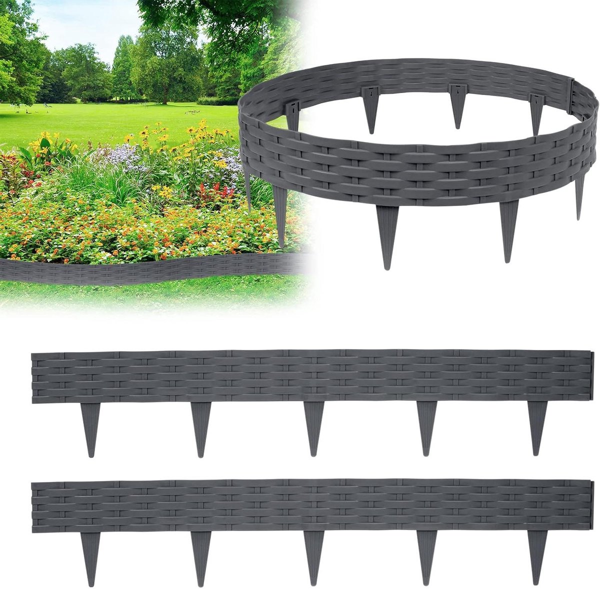 Gazonrand Rotan Look - Bloembedrand Kunststof - Tuin Afscheiden - Flexibel Buigbaar - 10 Meter - Antraciet