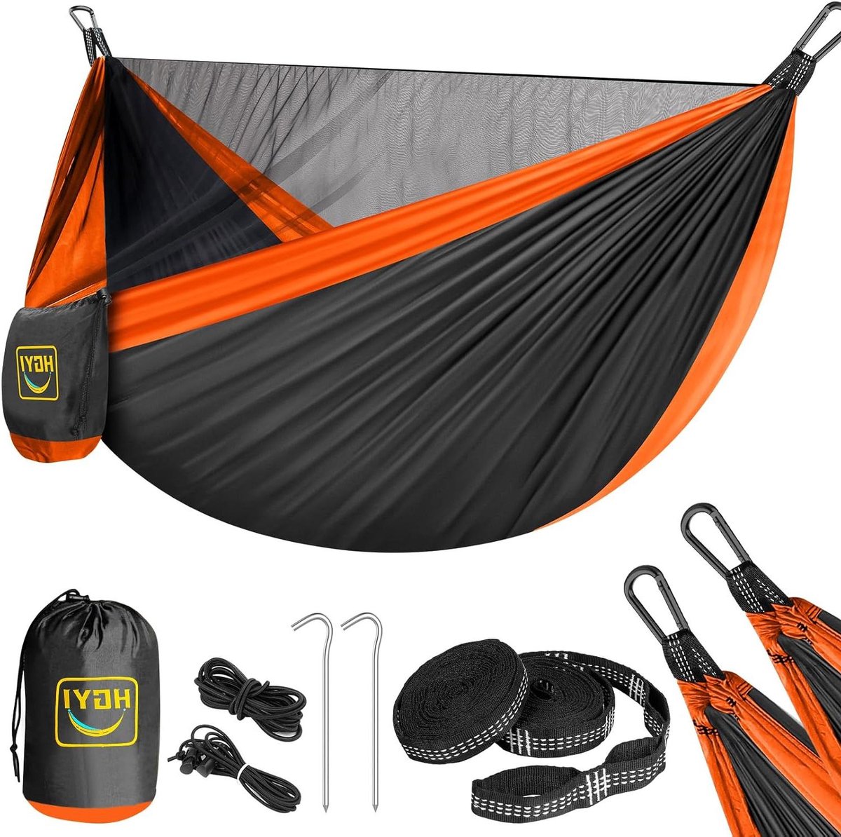 Camping Hangmat - Draagbare Hangmat - Outdoor Ontspanning - Met Geïntegreerd Net - 290 x 145 cm - Zwart Oranje