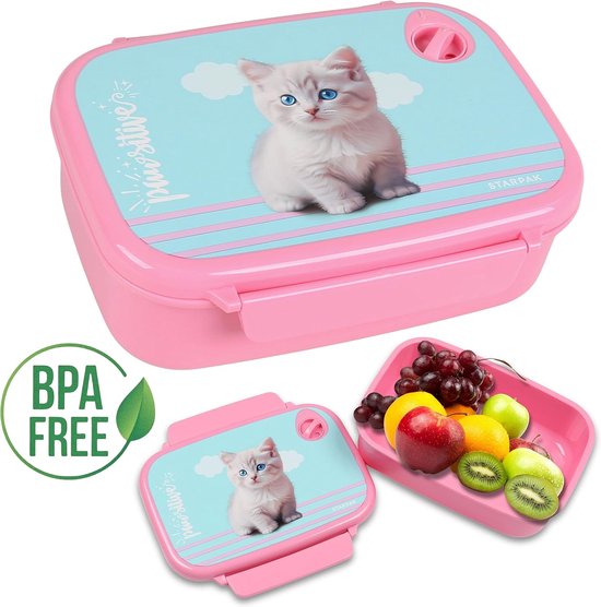 Ontbijtbox Katje - Broodtrommel Kinderen - Lunch Meenemen - Dubbele Slot - 18 x 13 x 6 cm - Roze — afbeelding 3