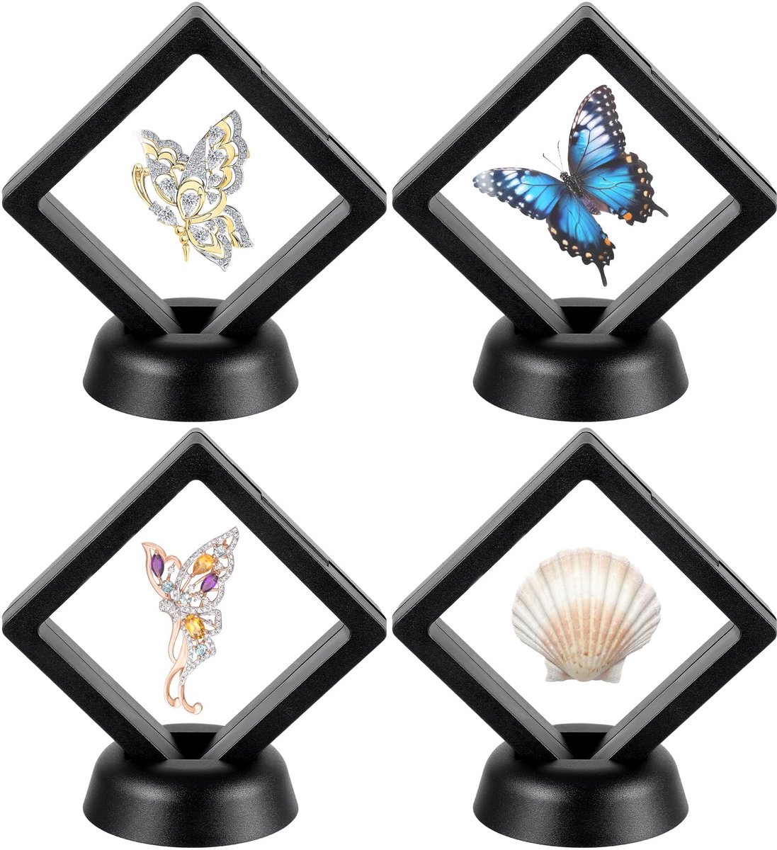 Zwevende vitrines met vierkante standaard van zwart kunststof, transparant 3D-zwevend frame, voor het beveiligen van herinneringen, sieraden, uitdagingen, munten, antieke