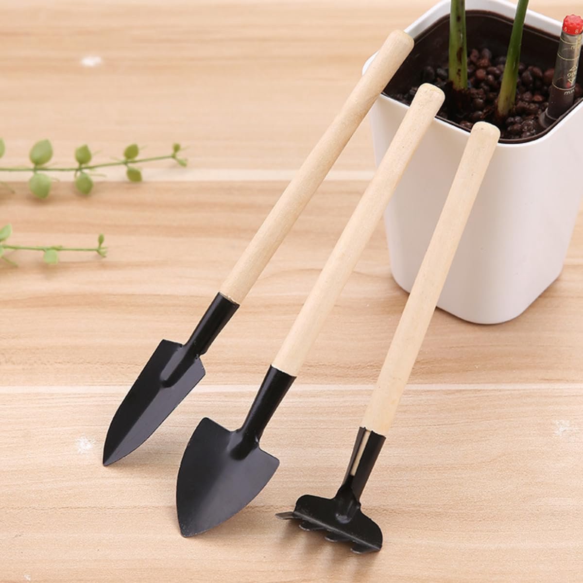 3 kleine tuingereedschapsset, houten handvat, plantengereedschap, mini-schop, grondschep, hark voor kamerplanten, vetplanten, potplanten, mini-schep voor het losmaken van verpotten