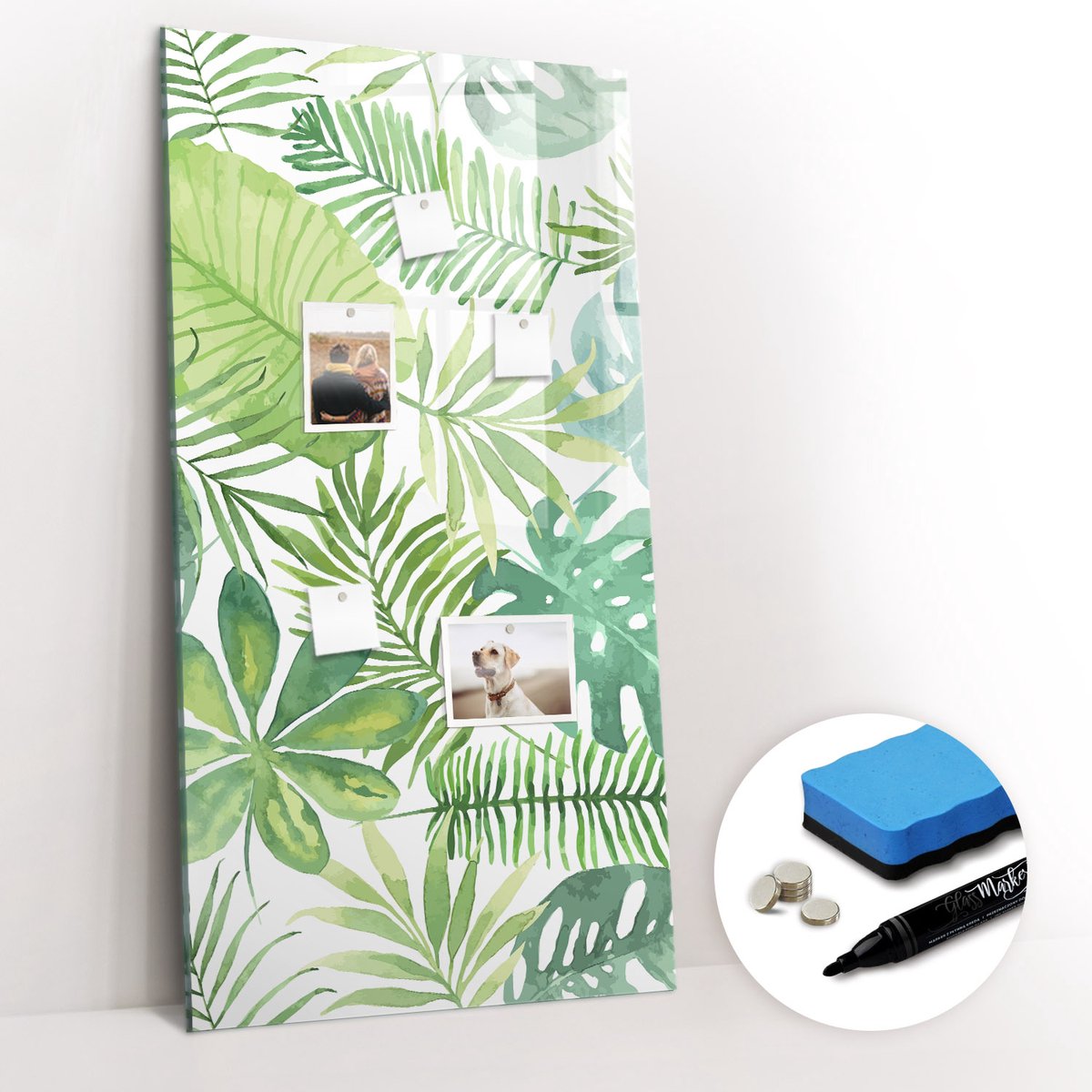 Tulup Whitebord - Aquarel bosbladeren - 60 x 120 cm - Groente Magneetbord Muur - Gratis 5 Sterke Magneten + Whiteboard Marker & Wisser - Wanddecoratie Kantoor - Memobord Glas - Inspiratiebord Kantoor