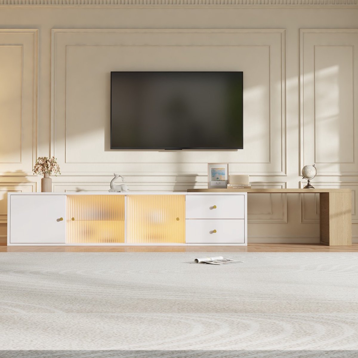KOMHTOM TV-meubel - Lowboard met LED-verlichting - 2 Lades en 2 Glazen Schuifdeuren - Wit en Hout - Modern Design - Opbergruimte - 175x40x35,5 cm