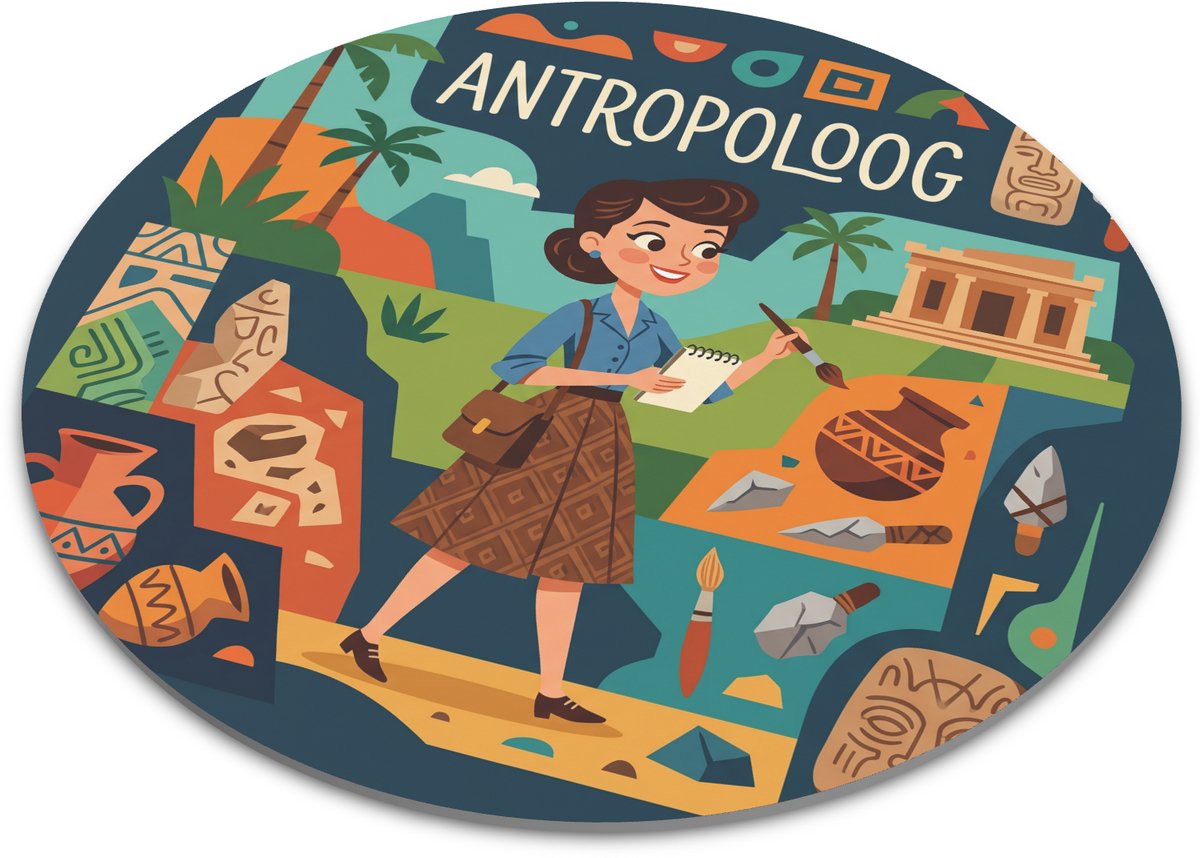 Ronde muismat antropoloog illustratie met archeologische vondsten, tempel, palmbomen en kleurrijke Mid-Century gouache stijl voor bureau, werkplek of cadeau voor onderzoeker