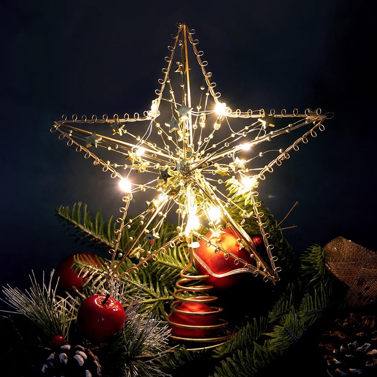 Kerstboomster, goud, 20 x 25 cm, kerstboompiek, gouden ster, lichtboom, gouden boomkam, decoratie, boompiek, kerstboompiek