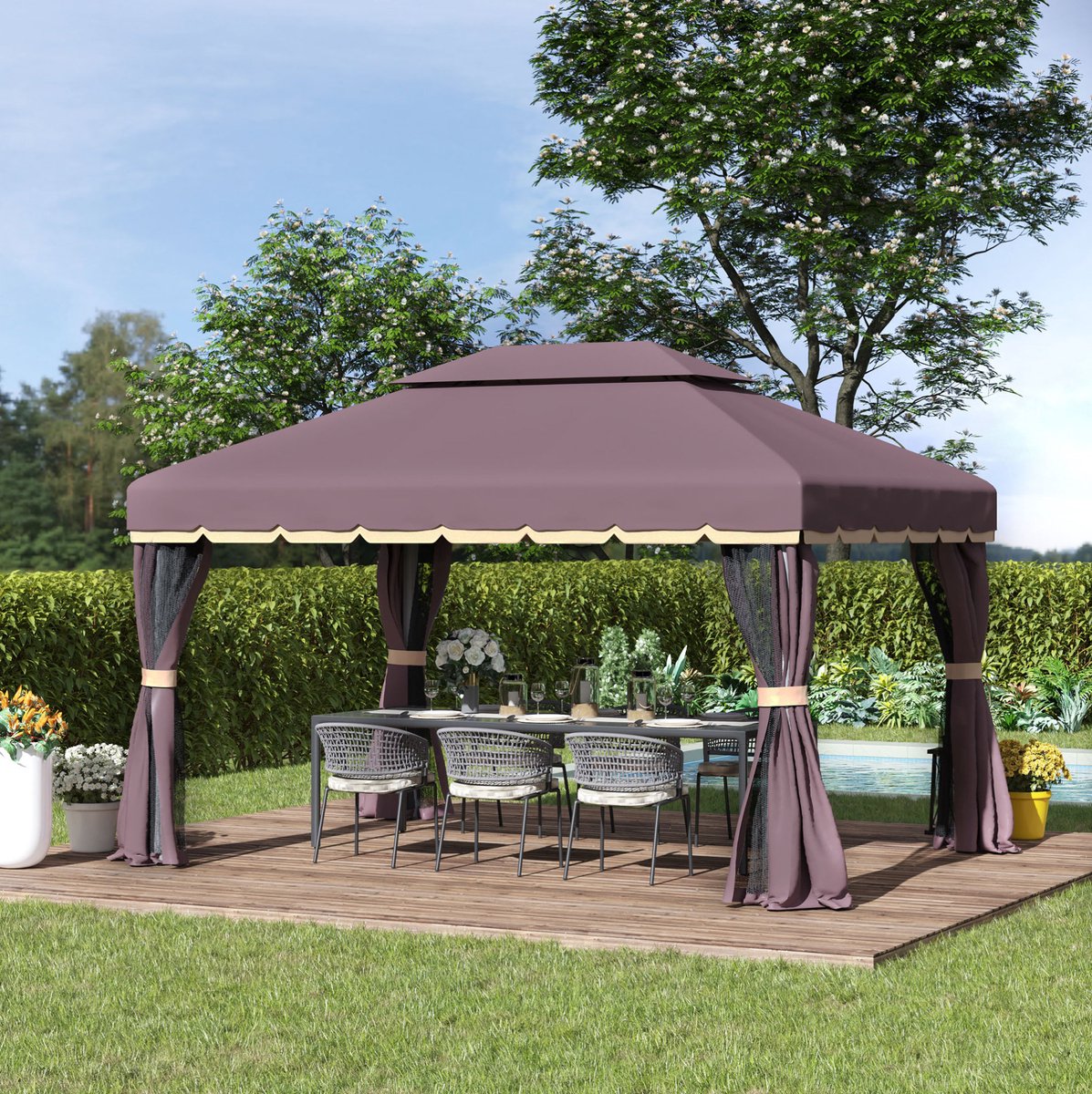 MEUNIQ paviljoen 390 x 290 x 280 cm met aluminium frame, hardtop dak van polycarbonaat, gordijnen en mesh zijwanden voor tuin of terras, koffiebruin