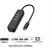 DrPhone GT1® - USB-C Gigabit Ethernet (1000MBPS) Adapter + 3X USB 3.0 Poorten - RJ45 Netwerk Adapter - Zwart