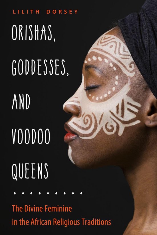 Vrouw met gezichtsbeschildering in wit en bruin. Titel: Orishas, Goddesses, and Voodoo Queens.