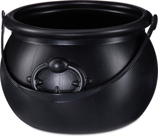 heksenketel zwart - decoratiepot voor snoepjes - kunststof - met handvat - 13 x 19 cm