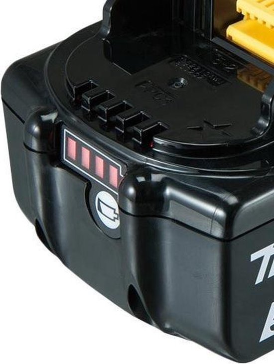 Zwarte Makita accu met rode acculampjes en witte indicator.