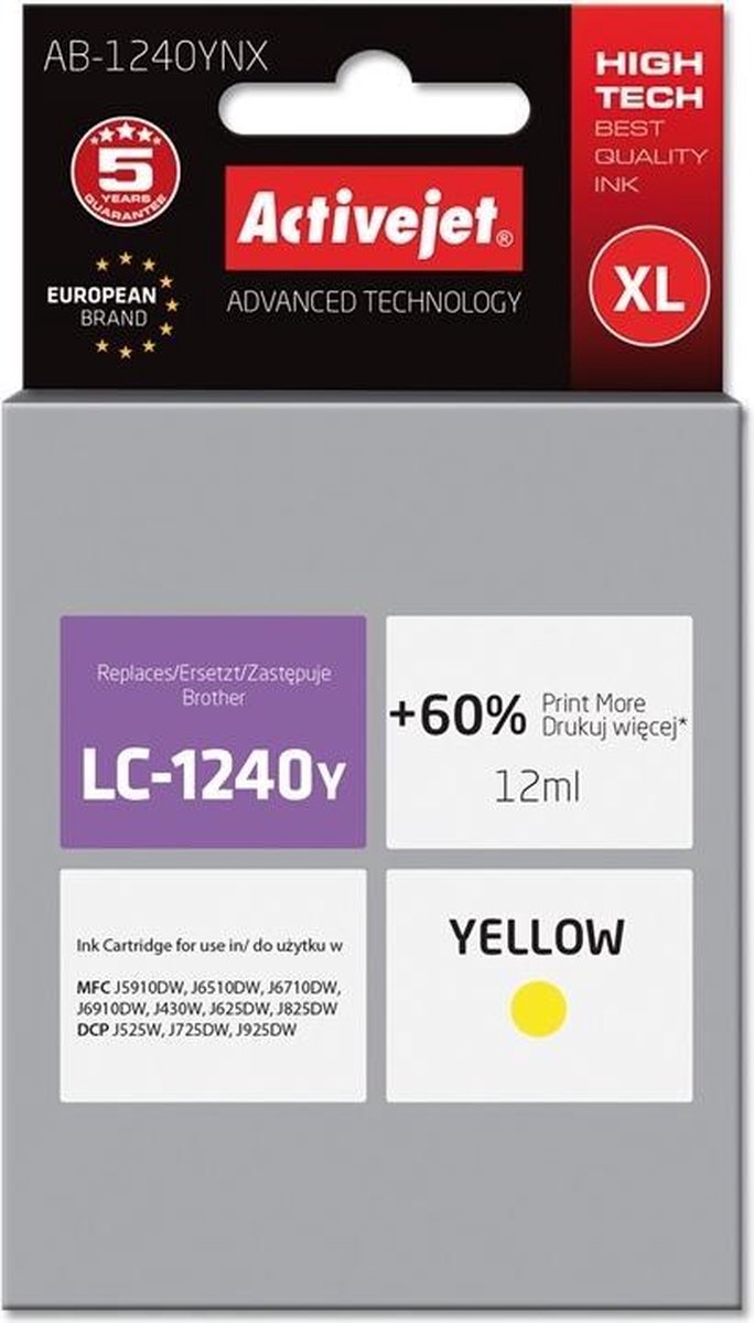ActiveJet AB-1240YNX-inkt voor brotherprinter; Brother LC1220BK / LC1240BK Vervanging; Opperste; 12 ml; geel.