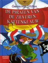 Boekomslag: Geronimo Stilton 'De Piraten van de Zilveren Kattenklauw' met een muis als piraat met oogklap en haak.