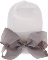 Bonnet de naissance / bonnet bébé / bonnet d'hôpital blanc avec noeud gris - Tissu extra épais - 0 à 1 mois