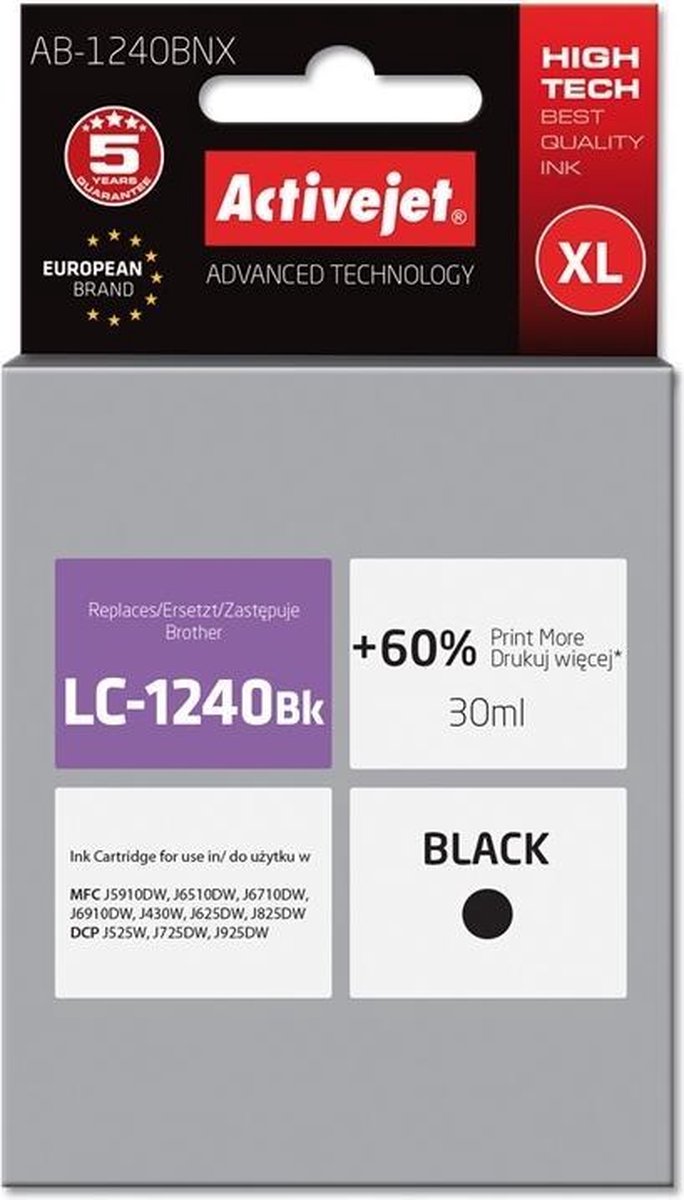 Activejet Inkt cartridges / Alternatief voor Brother LC-1240 / 1280 XL Zwart | Brother DCP J925DW/ J525W/ J725W/ 6710dw/ J430W/ J625DW/ J6510dw/ J6710d
