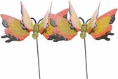 Set van 2 metalen vlinder geel/oranje 17 x 60 cm op steker - Tuindecoratie vlinders - Dierenbeelden