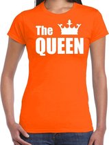 The queen t-shirt oranje met witte letters en kroon voor dames - Koningsdag - fun tekst shirts L