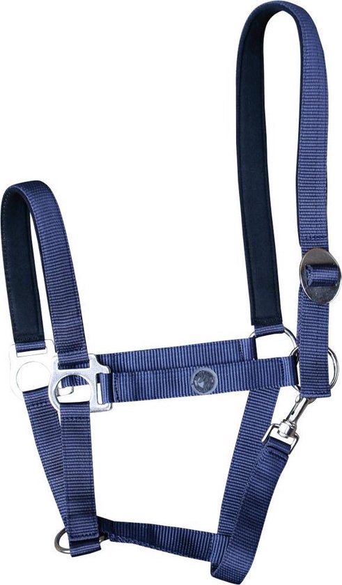 Donkerblauw gestreept halster van Harry's Horse met zilverkleurige gespen en een zwarte voering.