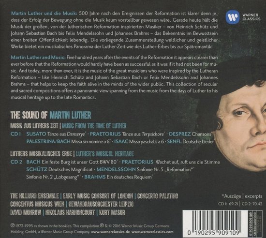 Achterkant van het album 'The Sound of Martin Luther' met tekst en een schilderij van een man.