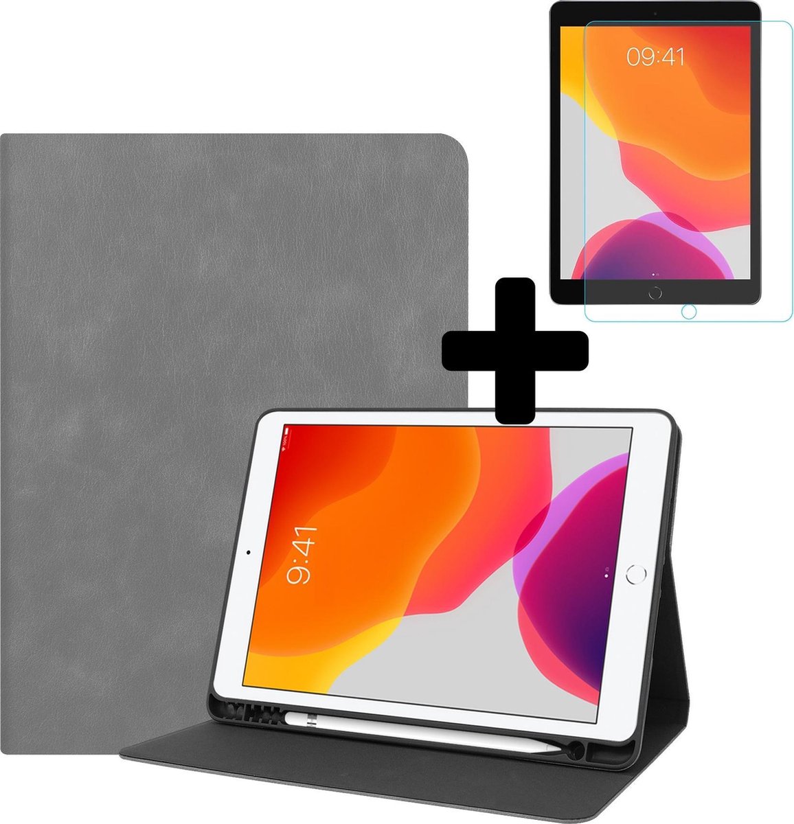 Hoesje - Geschikt voor Apple iPad 7 (2019) - 10.2 inch - 7e Generatie - Met Screenprotector - Luxe Bookcase Hoes - Hard Cover Case - Met Uitsparing Geschikt voor Apple Pencil - Hardcover Book - Tablethoes - Grijs