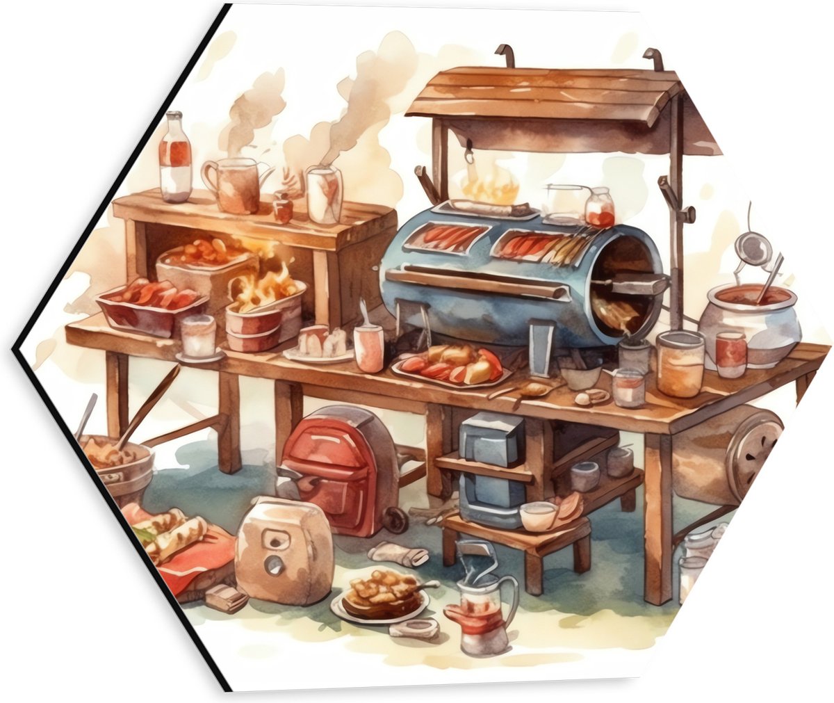 Dibond Hexagon - Tekening van Barbecue - 30x26.1 cm Foto op Hexagon (Met Ophangsysteem)