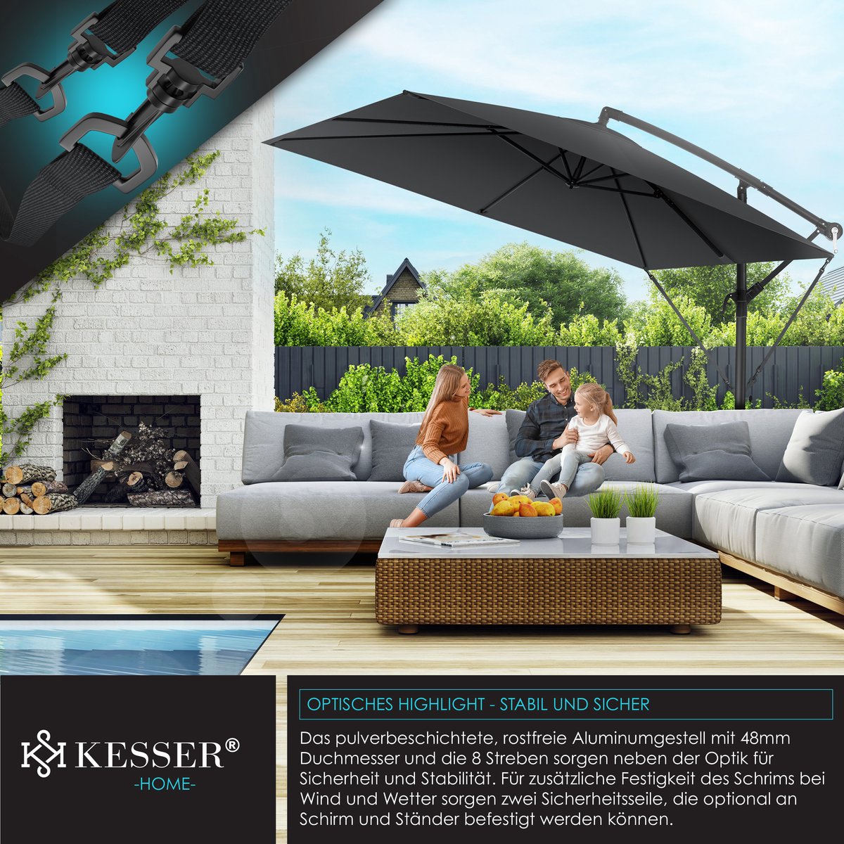 KESSER Zweefparasol Holly Rechthoekig - Parasol met Zwengel, Hoes en Windbescherming, UV-bescherming, Aluminium, Waterafstotend - Antraciet – foto 4