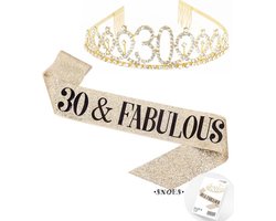 Snoes * 30 and Fabulous Verjaardag Kroon Tiara en Glitter Sjerp * Goud Tiara en Kroon * Black & Gold * Jarige versiering * Dress up for your Birthday * Dertigste Verjaardag
