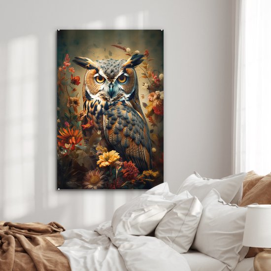 MuchoWow® Peinture sur verre 80x120 cm - Peinture sur verre acrylique - Hibou - Vogel - Fleurs - Plantes - Botanique - Photo sur verre - Peintures