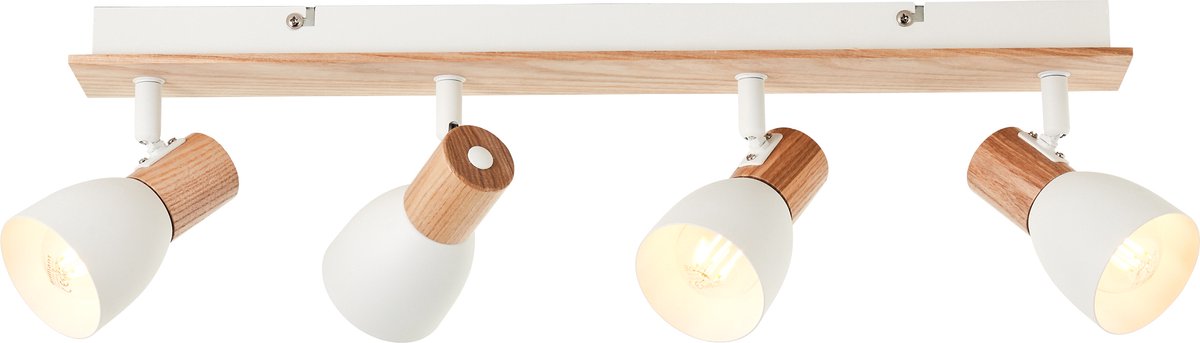 Brilliant Daintree Spotbalk 4-lichts - Zwenkbare E14 Spots met FSC®-gecertificeerd Hout & Wit Metaal, Geschikt voor Wand- en Plafondmontage, Moderne Verlichting voor in de Woonkamer, de Hal, de Slaapkamer & op Kantoor