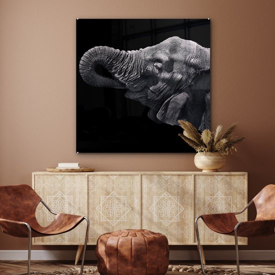 MuchoWow® Peinture sur verre 90x90 cm - Peinture sur verre - Éléphant - Animaux - Zwart - Nature - Photo sur verre acrylique - Peintures