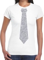 Wit fun t-shirt met stropdas in glitter zilver dames M