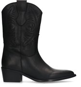 Manfield - Dames - Zwarte leren cowboy laarzen met witte details - Maat 38  | bol.com