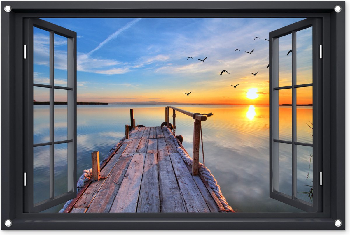 Tuinposter 180x120 cm Doorkijk - Strand - Duinen - Zonsondergang | Leen Bakker