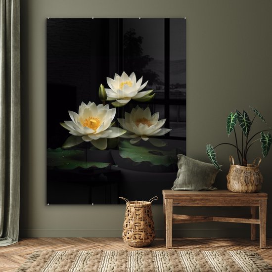 MuchoWow® Peinture sur verre 120x160 cm - Peinture sur verre acrylique - Lotus - Fleurs - Wit - Nature - Zwart - Photo sur verre - Peintures