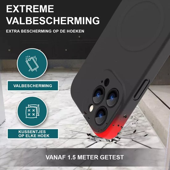 Zwarte telefoonhoes met rode accenten, valt van 1.5 meter hoogte op gebroken tegels. Extreem valbescherming, extra bescherming op de hoeken.