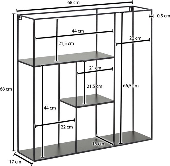 Rootz Shelf 68x68x17 cm Iron Hanging Shelf Zwart Modern Floating