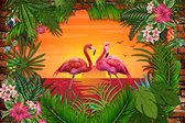 Fotobehang Flamingo's Achter Een Bakstenen Muur - Vliesbehang - 368 x 280 cm