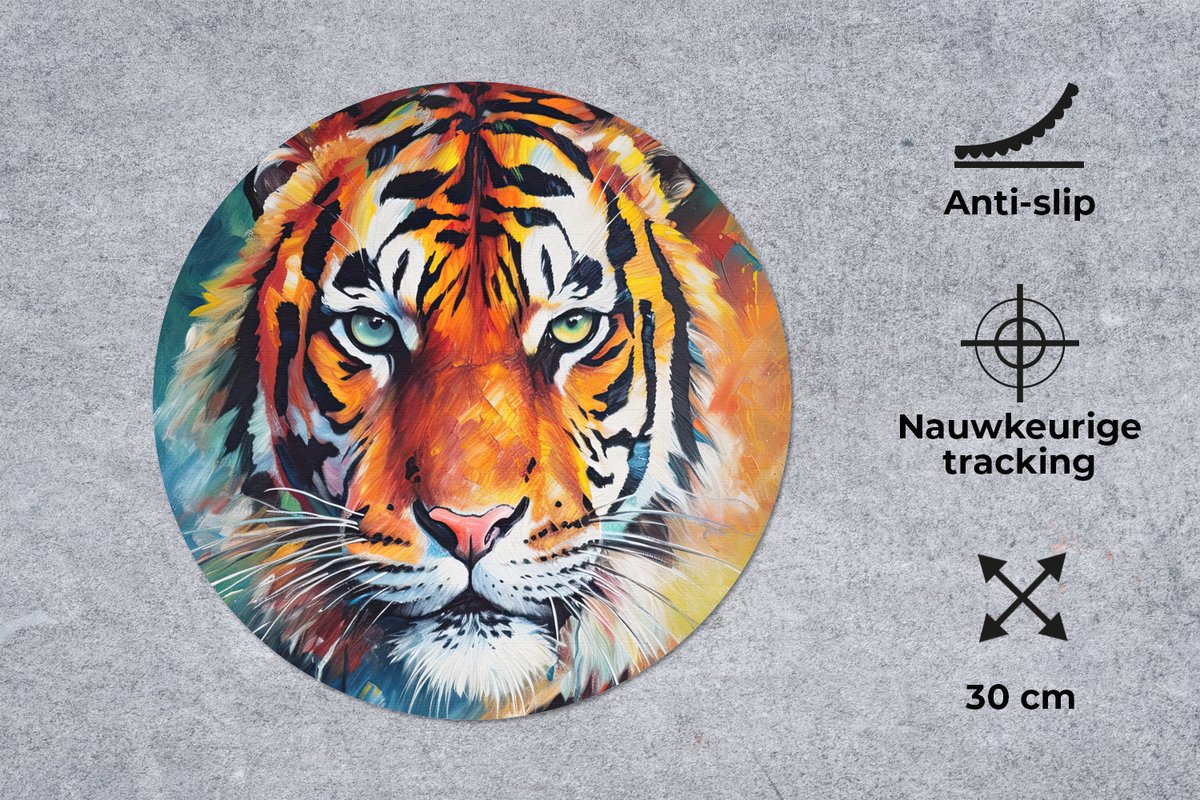 Muismat rond 30x30 cm - Mousepad Tijger - Dieren - Olieverf - Kunst - Ronde muismatten