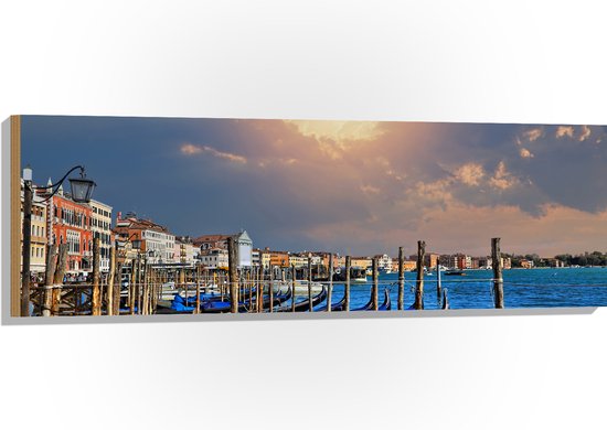 Hout - Rij Blauwe Gondels op de Wateren van Venetië - 120x40 cm - 9 mm dik - Foto op Hout (Met Ophangsysteem)