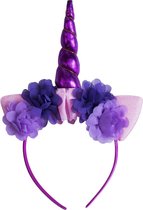 KIMU Eenhoorn Haarband Paars Bloemetjes - Unicorn Diadeem Met Oortjes - Paarse Hoorn Bloemen Paars Roze Festival